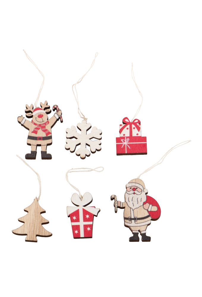 Decoratie Houten Kerst Figuurtjes Met Koordje 4x5.5cm 6stuks