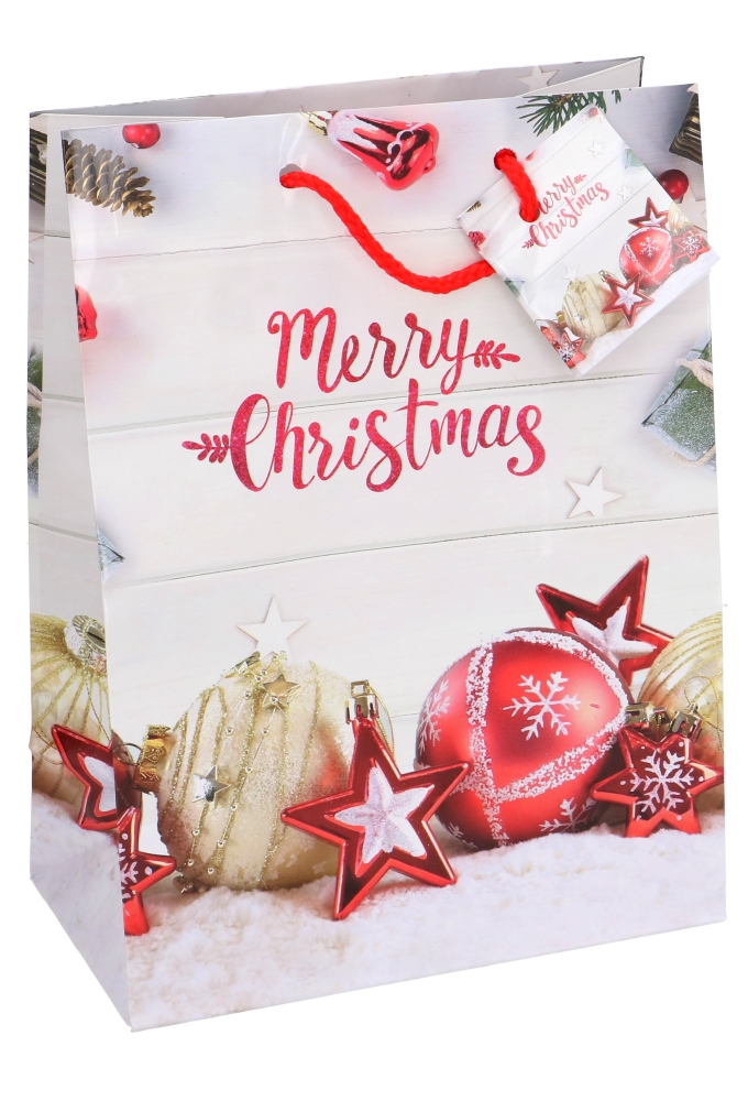 Kersttasjes Medium Merry Christmas Bal & Ster 18x10x23cm 12 stuks