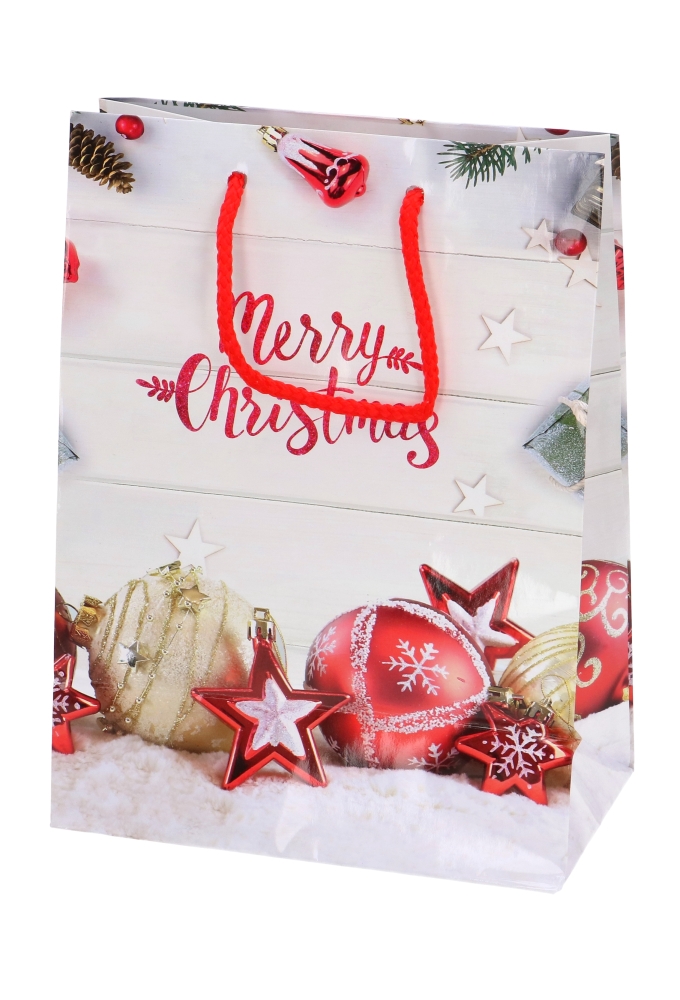 Kersttasjes Medium Merry Christmas Bal & Ster 18x10x23cm 12 stuks