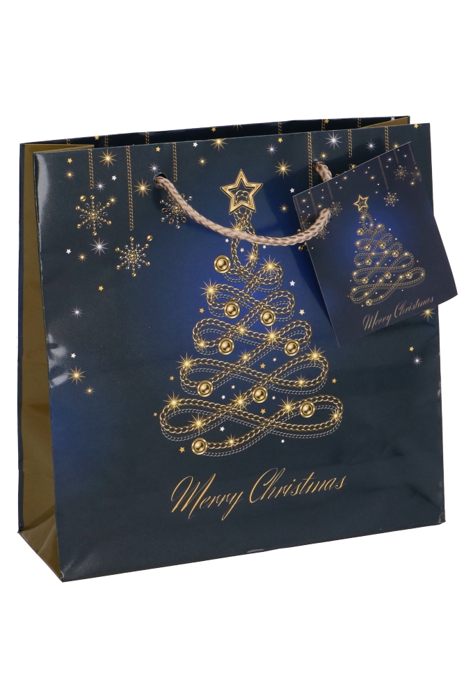 Kersttasjes Vierkant Christmas Blue Tree Gold 17x6x17cm 12stuks