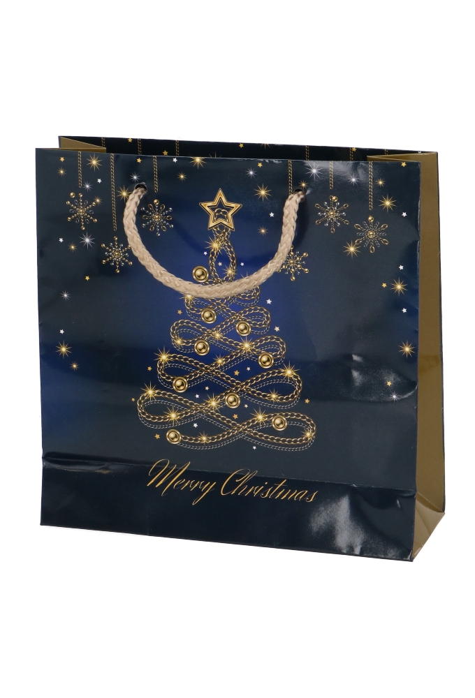 Kersttasjes Vierkant Christmas Blue Tree Gold 17x6x17cm 12stuks