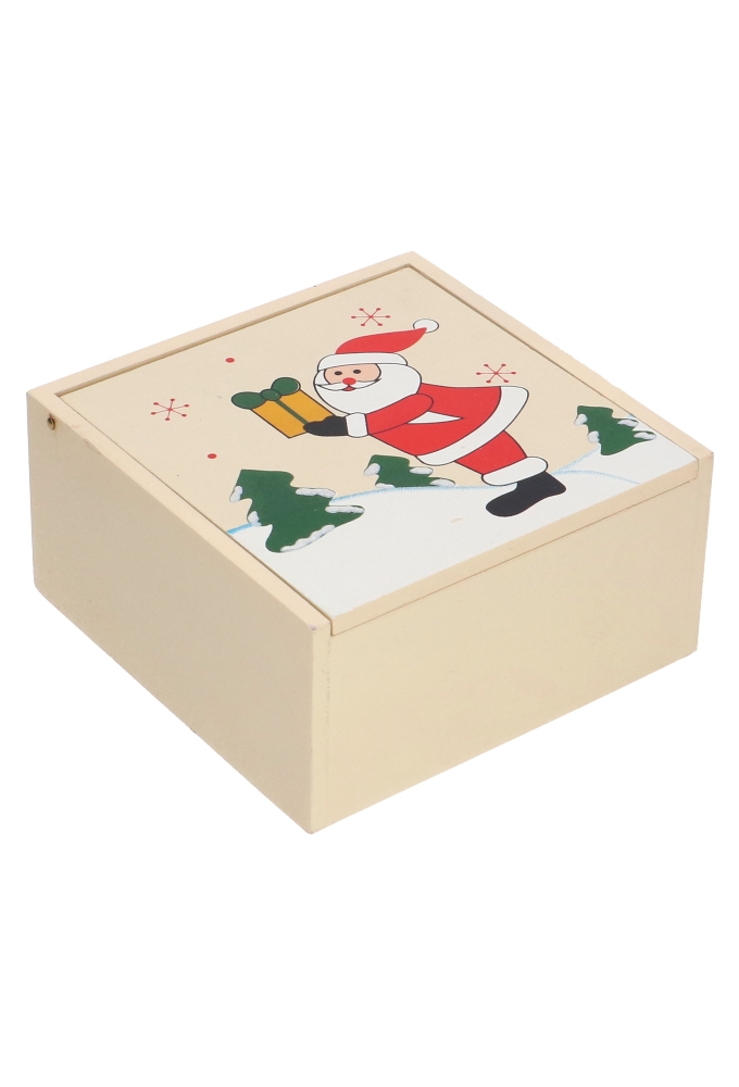 Houten Kistje Kerstman Met Klepje 10.9x10.9x4.9cm 1 stuks