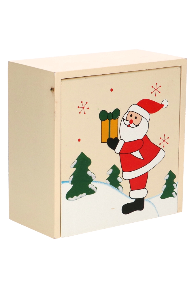 Houten Kistje Kerstman Met Klepje 10.9x10.9x4.9cm 1 stuks