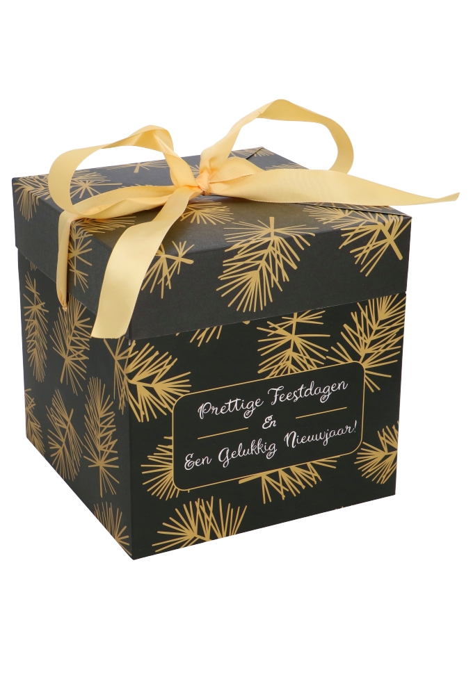 Kerstgeschenkdoos Prettige Feestdagen Met Goud Lint 20x20x20cm 25stuks