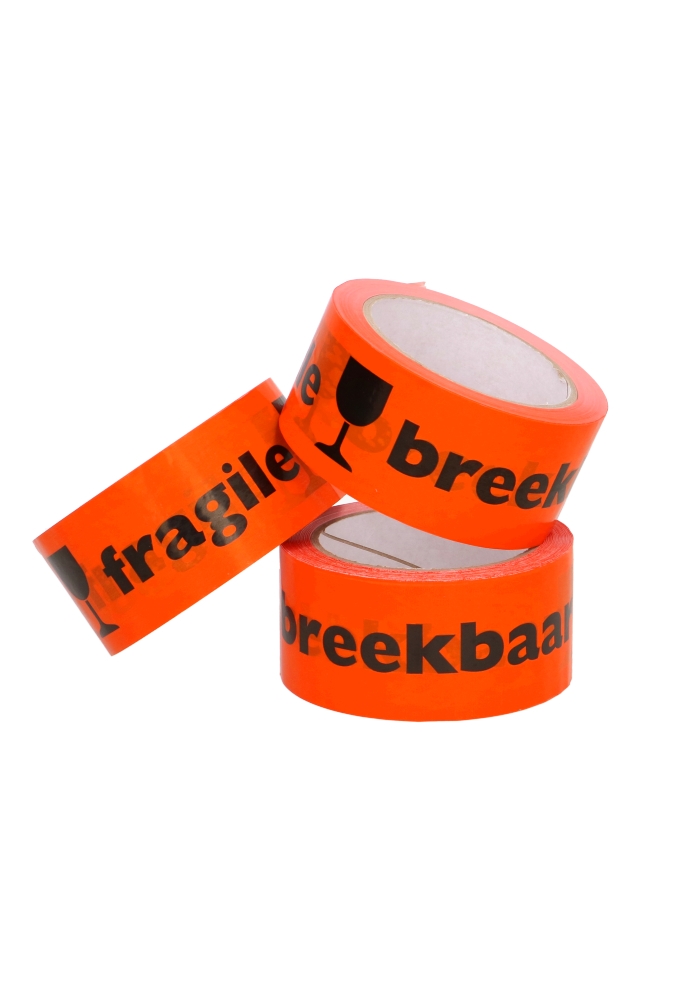 Plakband Tape Breekbaar Oranje Zwart Bedrukt 50mm x 66meter 1stuks