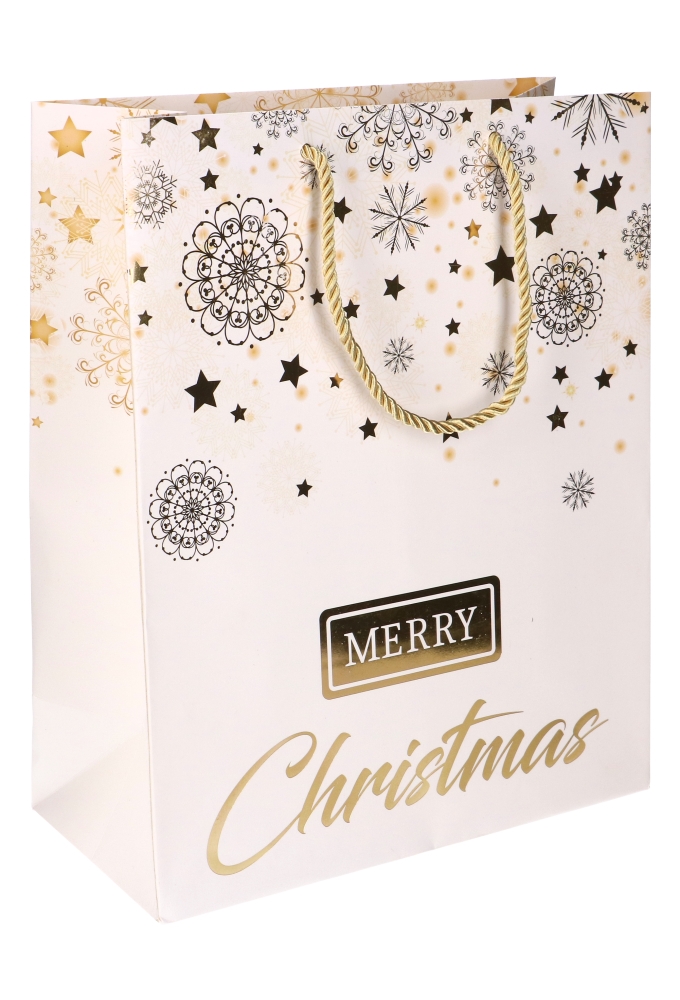 Kersttasjes Groot Merry Christmas Gold 26.5x13.5x32.5cm 10stuks