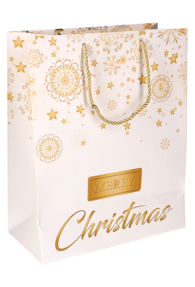 Kersttasjes Groot Merry Christmas Gold 26.5x13.5x32.5cm 10stuks