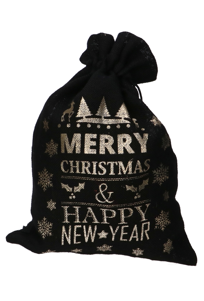 Luxe Kerstzak Jute Merry Christmas Zwart 38x50cm 10stuks