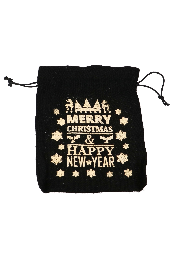 Luxe Kerstzak Jute Merry Christmas Zwart 25x32cm 10stuks