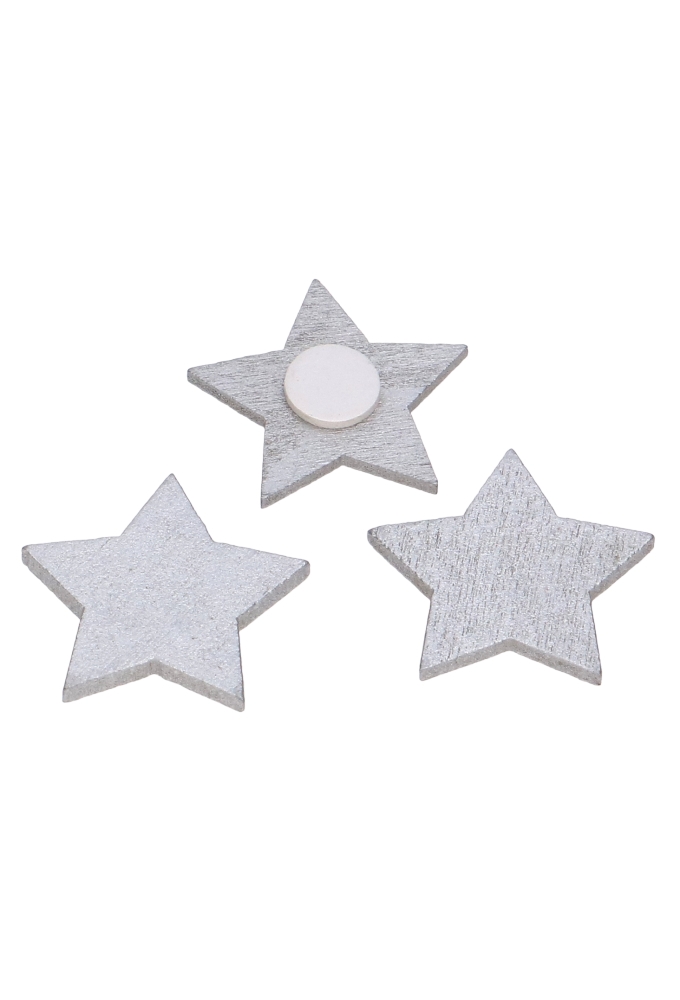 Houten Decoratie Star Wood Zilver Met Plakker 3cm 50stuks