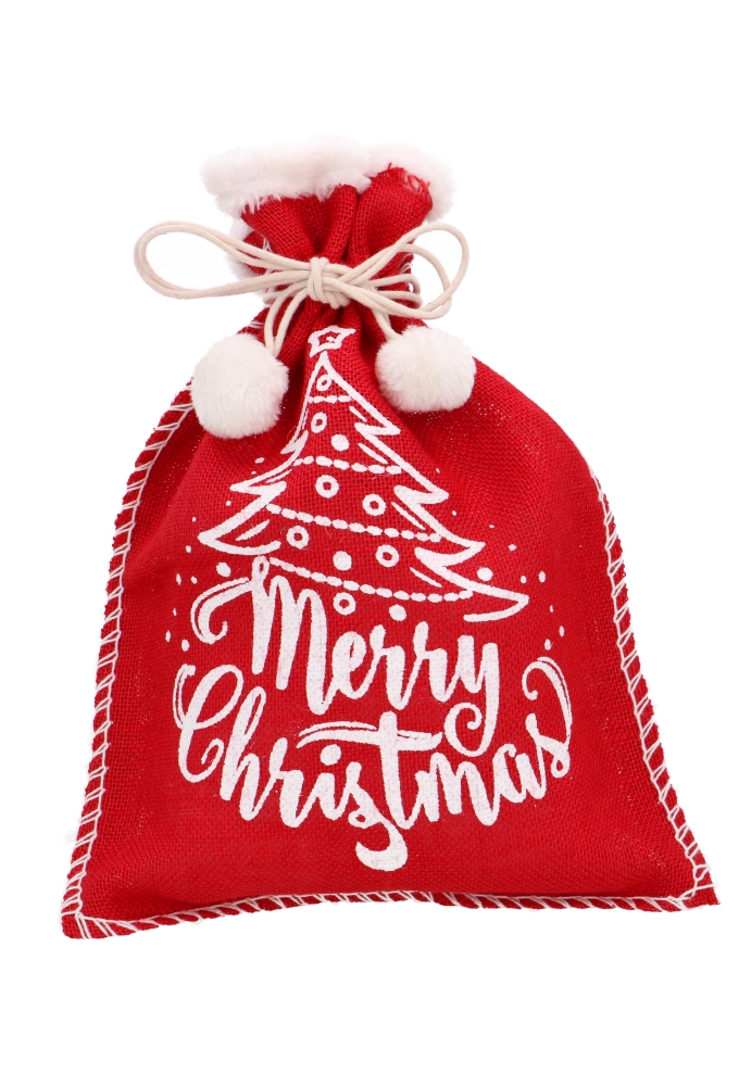 Luxe Kerstzak Jute Red & Santa Met Witte Stoffen Rand 31x42cm 10stuks