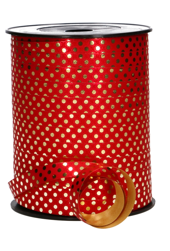 Krullint Metallic Rood Dots Goud 10mm x 250 meter