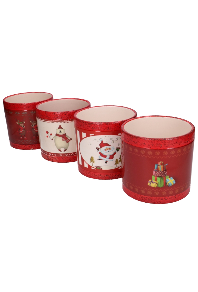 Keramieken Potje Merry Christmas 4stuks & GRATIS 4 ZAKJES & 4 STRIKJES