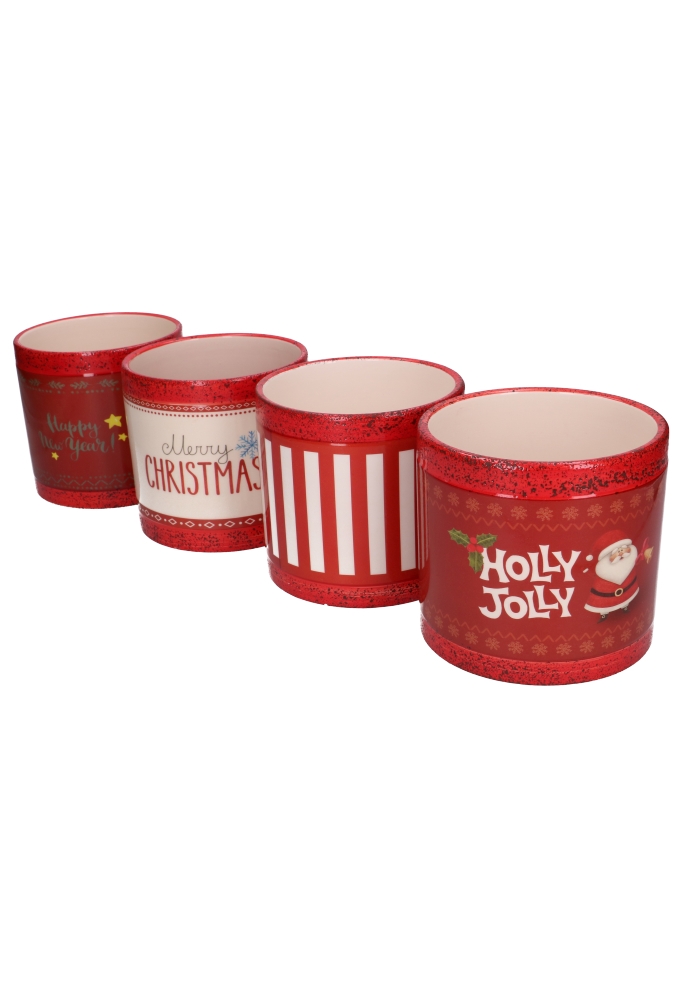 Keramieken Potje Merry Christmas 4stuks & GRATIS 4 ZAKJES & 4 STRIKJES