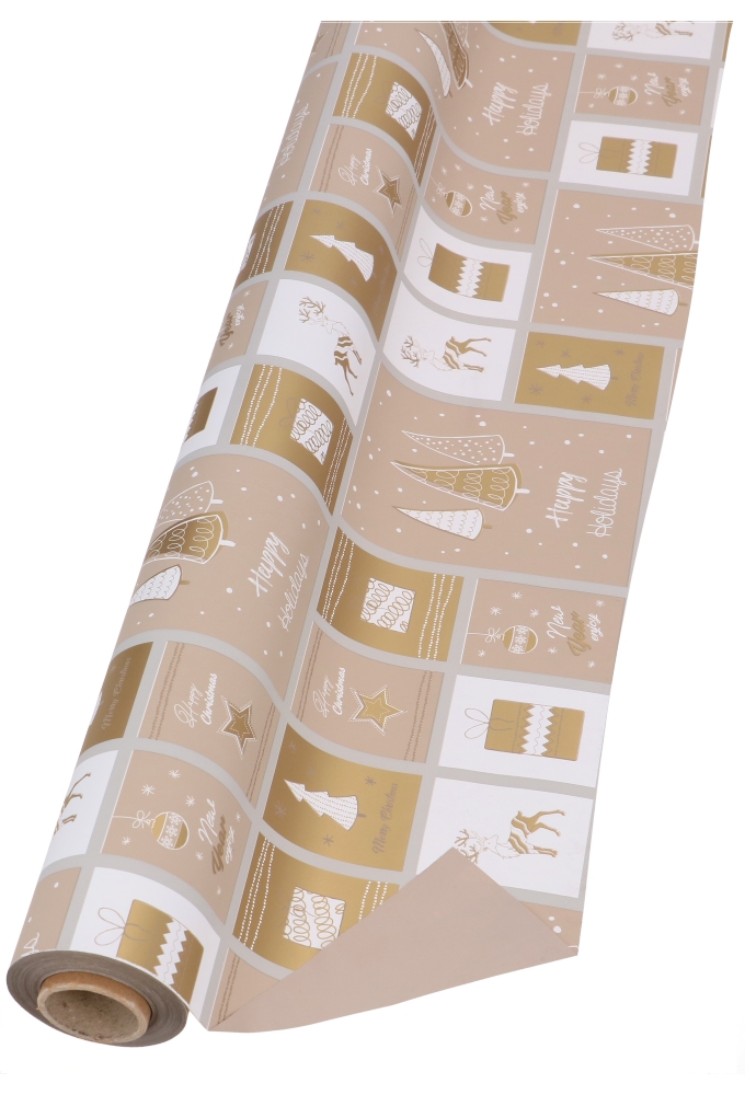 Cadeaufolie Dubbelzijdig Happy Holidays Taupe & Goud 70cm x 50meter