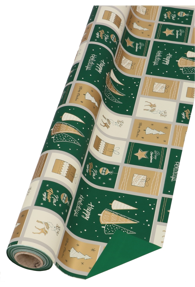 Cadeaufolie Dubbelzijdig Happy Holidays Groen & Goud 70cm x 50meter