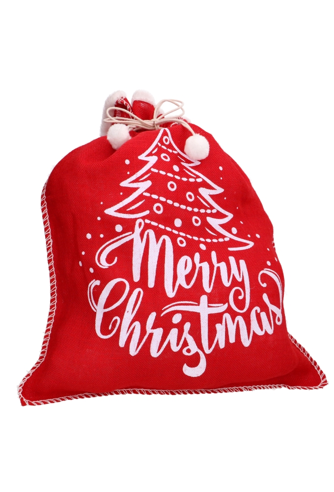 Luxe Kerstzak Jute Red & Santa Met Witte Stoffen Rand 53x73cm 10stuks