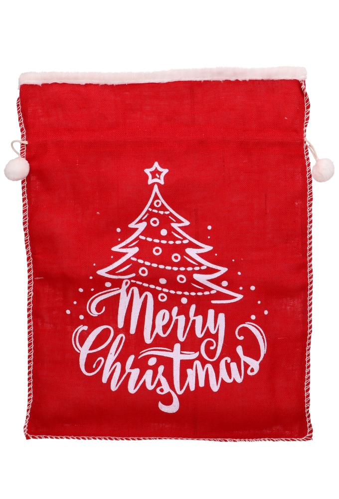 Luxe Kerstzak Jute Red & Santa Met Witte Stoffen Rand 53x73cm 10stuks