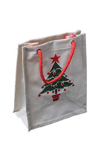 Kersttasjes Katoen Creme Christmas Tree 17x8x21cm 5stuks