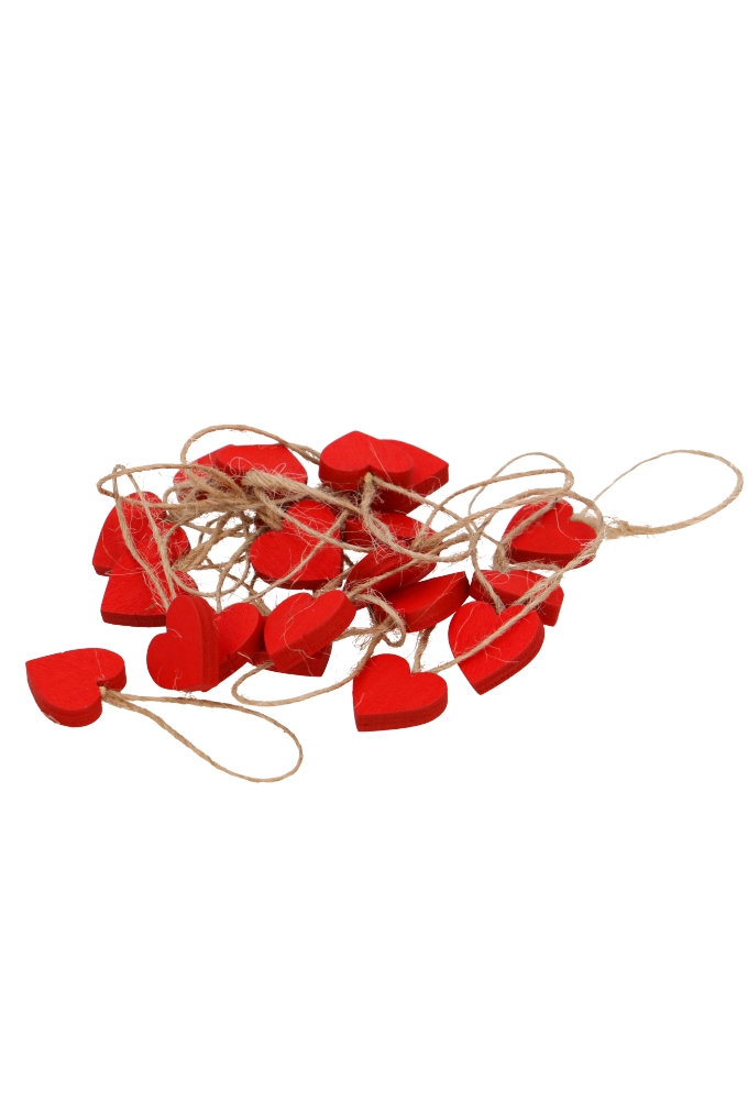 Decoratie Hanger Houten Hartje Rood & Koord 2cm 24stuks