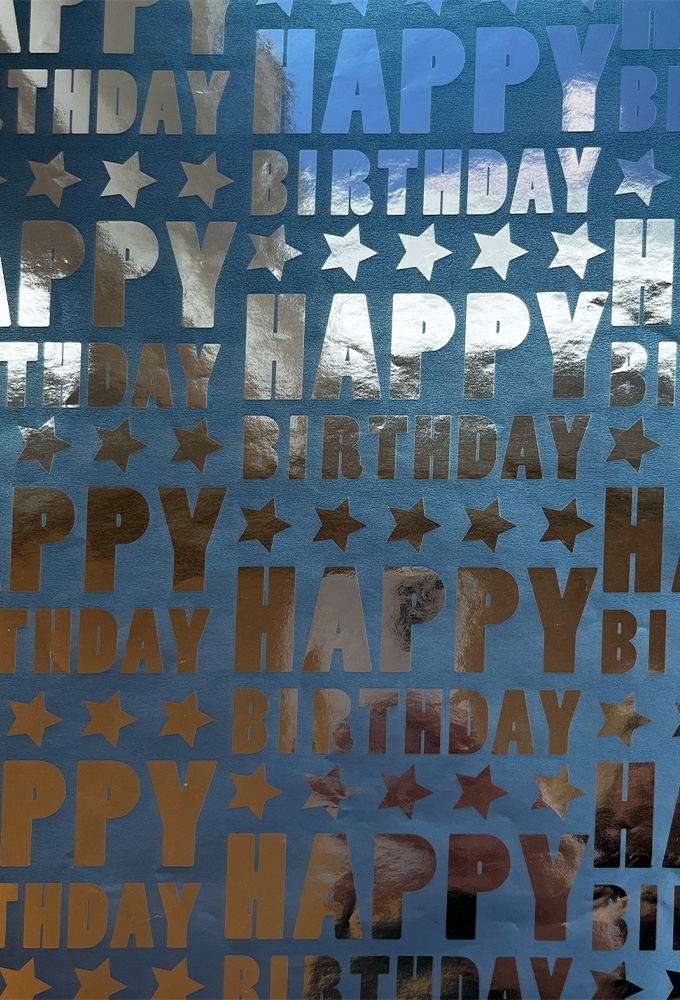 Kadopapier Metalised happy birthday stars blue 30cm x 100meter