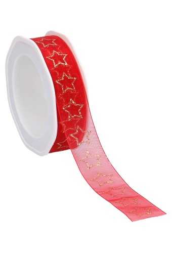 Organza Lint Stars Rood & Goud 25mm x 15meter