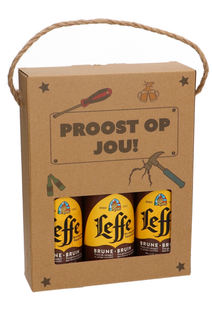 Bierverpakking Proost Kraft voor 3 flesjes Bier 33cl Met Koord 10stuks