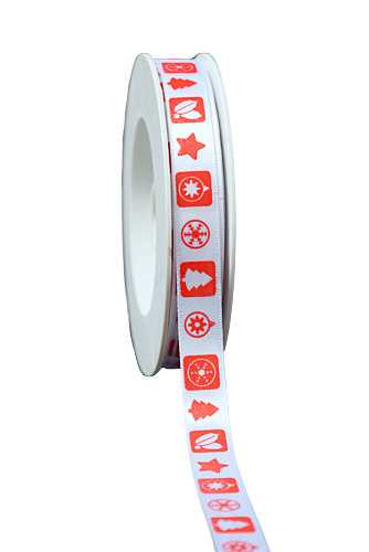 Satijnlint Kerst Ster, Boom, Bal, Hulstak Wit & Rood 12mm x 25meter
