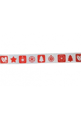 Satijnlint Kerst Ster, Boom, Bal, Hulstak Wit & Rood 12mm x 25meter