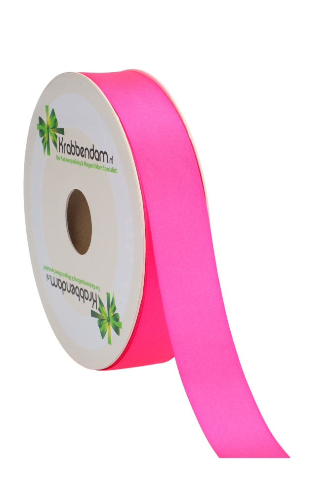 Satijn Dubbel Lint 25mm x 50 meter Fuchsia Neon OP IS OP