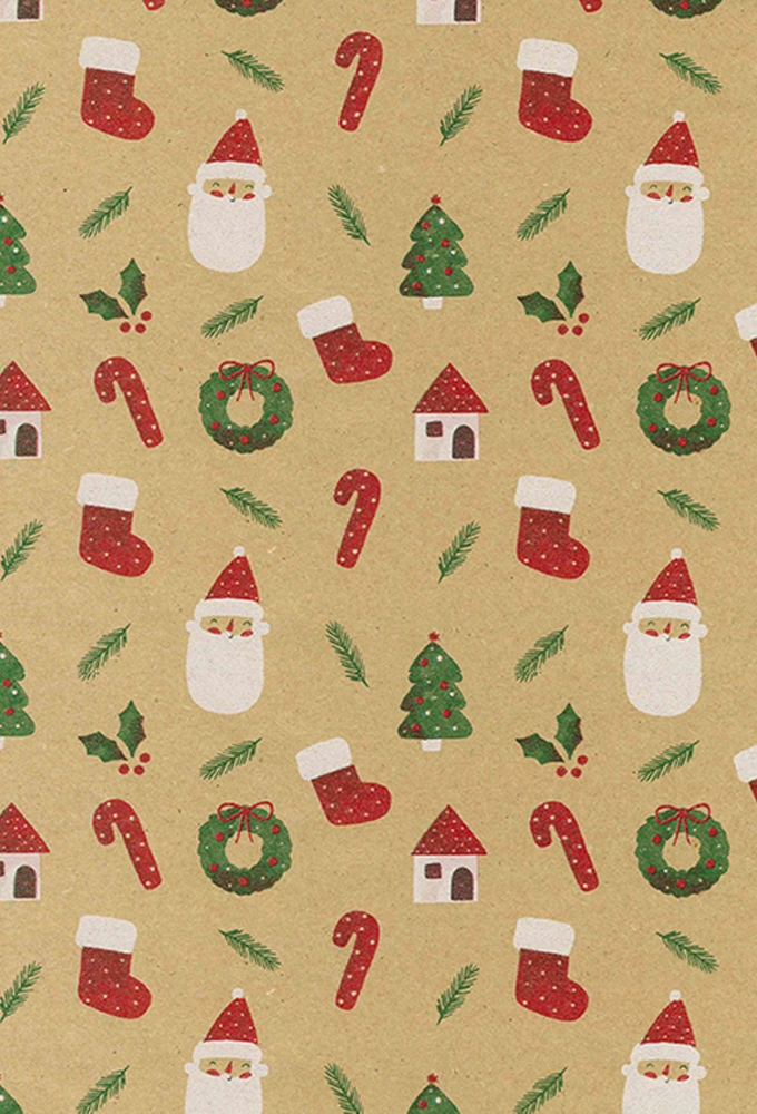 Kerst Kraftpapier Bruin recycled watercolor santa 70cm x 200meter