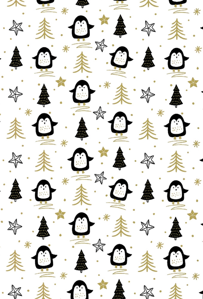 Kerstpapier Coated happy pinguin zwart & goud 50cm x 200meter