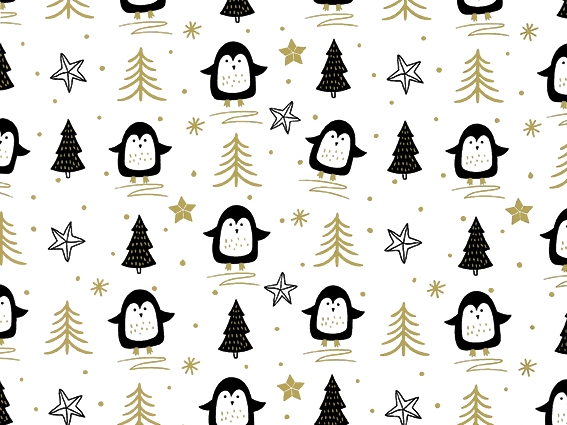 Kerstpapier Coated happy pinguin zwart & goud 50cm x 200meter