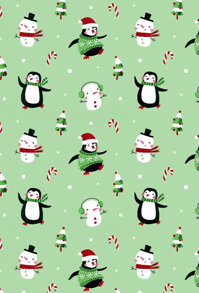 Kerstpapier Coated snowman & penguin groen 50cm x 200meter