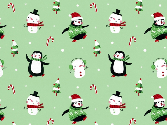 Kerstpapier Coated snowman & penguin groen 50cm x 200meter