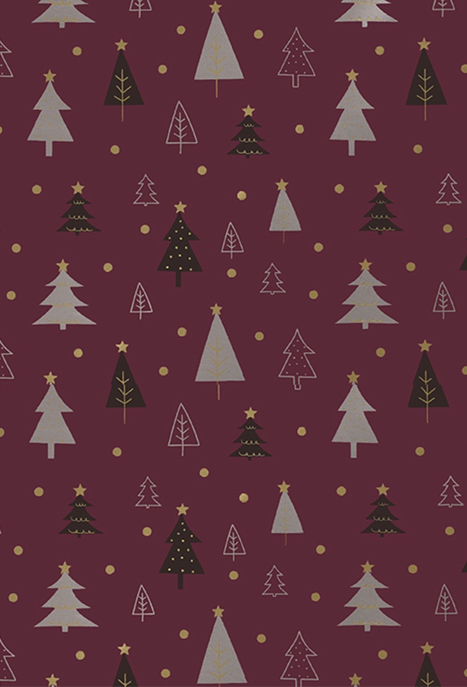 Kerstpapier Coated christmas trees aubergine goud 70cm x 200meter