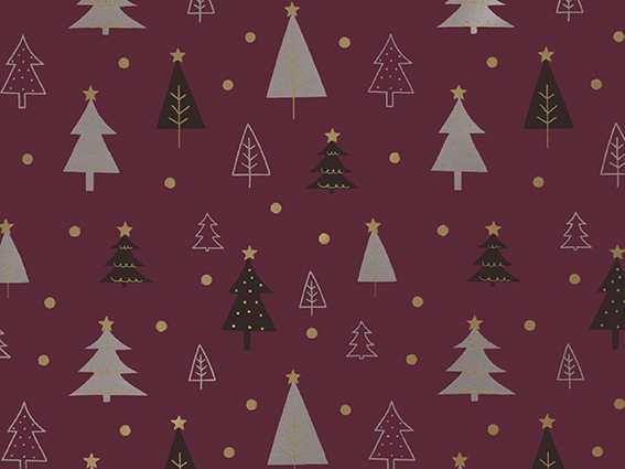 Kerstpapier Coated christmas trees aubergine goud 70cm x 200meter