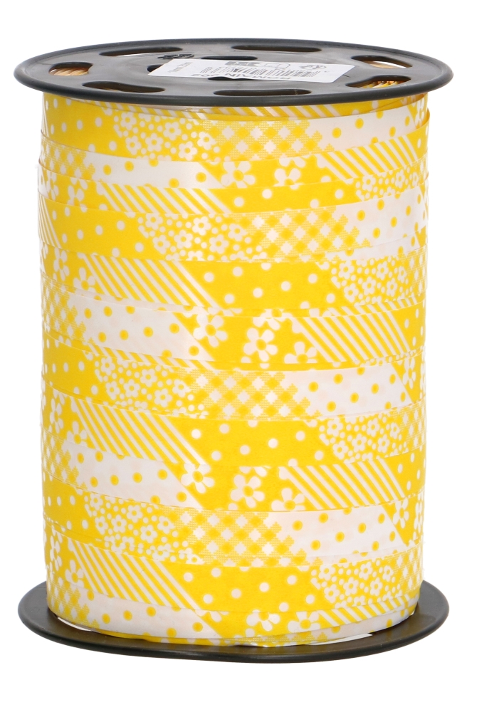 Krullint Flowers Dots Streepjes Geel 10mm x 250 meter