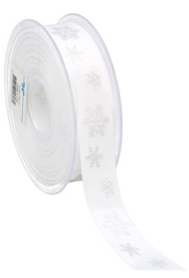 Kerstlint Satijn Lint snowflakes Wit & Zilver 23mm x 25meter