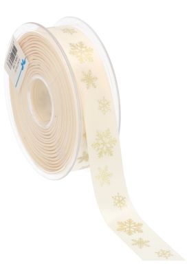 Kerstlint Satijn Lint snowflakes Champagne & Goud 23mm x 25meter