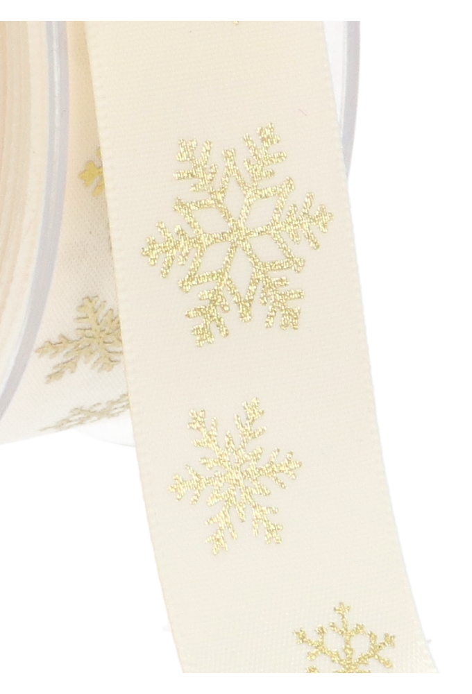 Kerstlint Satijn Lint snowflakes Champagne & Goud 23mm x 25meter