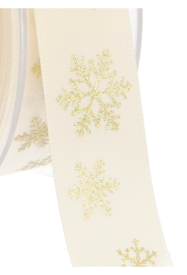 Kerstlint Satijn Lint snowflakes Champagne & Goud 23mm x 25meter