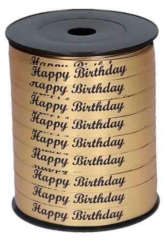 Krullint Mat Metallic Goud Happy Birthday Zwart 10mm x 250meter