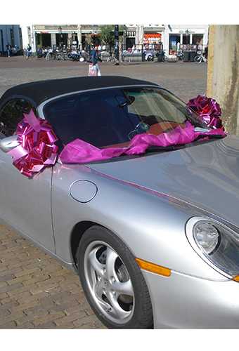 Trouwpakket Voor Auto Met Metallic Strikken Organza lint.