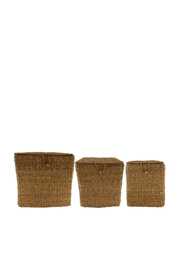 Mand met deksel zeegras 38x38x38cm Set 3. 1stuks