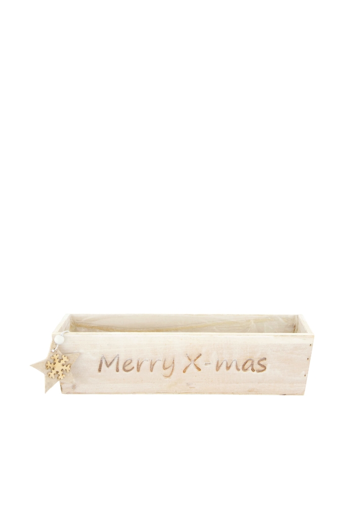 Geschenkbak Merry X-mas ply hout met plastic 28x8x7cm 40stuks