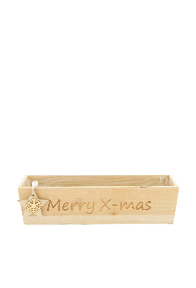 Geschenkbak Merry X-mas triplex hout met plastic 28x8x7cm 40stuks