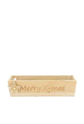 Geschenkbak Merry X-mas triplex hout met plastic 28x8x7cm 40stuks