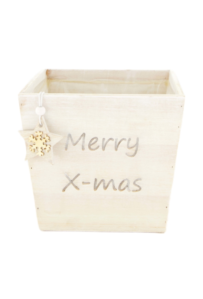 Geschenkbak Merry X-mas triplex hout met plastic 18x18x16cm 27stuks