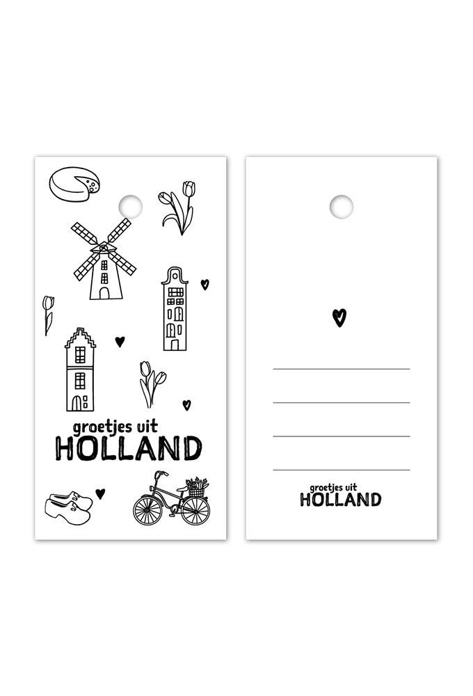 Kadokaartje Groetjes Uit Holland  Zwart Wit 8x4cm 100stuks